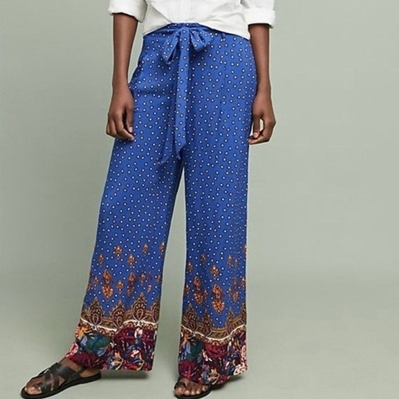 Anthropologie Blue Floral Wide-Leg Tie Waist Pants - Picture 4 of 4